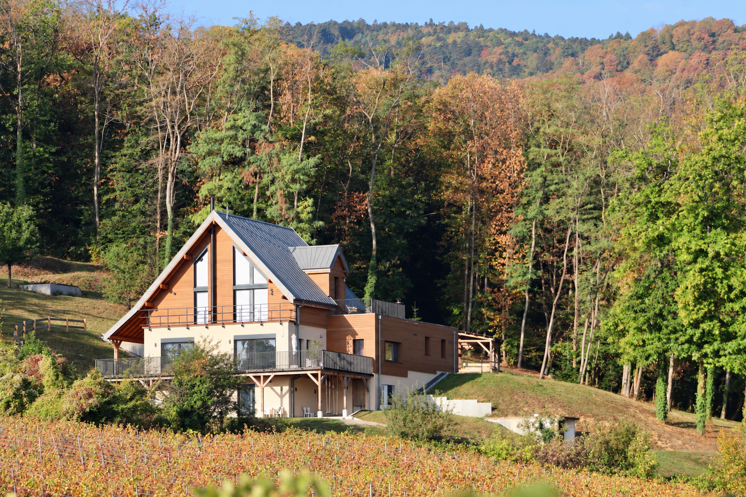 Three-quarter view of the house among autumn colors